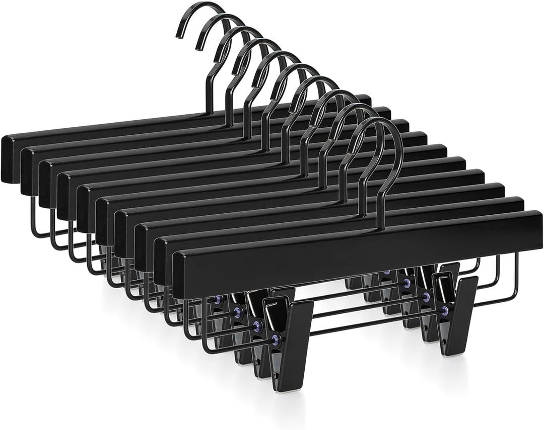 TOPIA HANGER Black Wooden Pants Hangers, Wood Skirt Hangers with Clips, Deluxe Jeans Hanger with 360° Swivel Anti-Rust Flat Hook, Smooth Finish Wood Hangers for Slacks Trousers 20 Pack