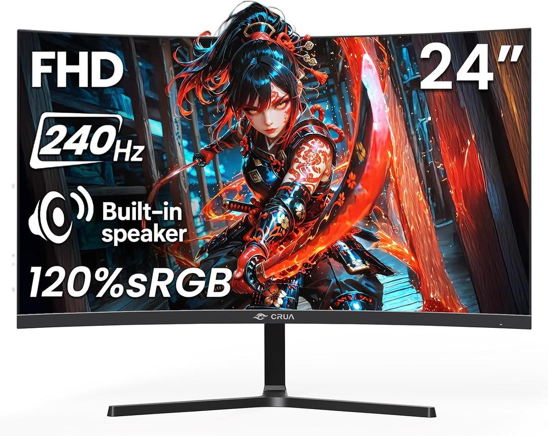 CRUA 24 240Hz Gaming Monitor, Curved FHD 1920 x 1080P, Built-in Speakers, Support 120% sRGB, AMD FreeSync, Low Motion Blur, Wall Mount Installs Compatible, for Office and Games(HDMI 2.0&DP 1.4)Black