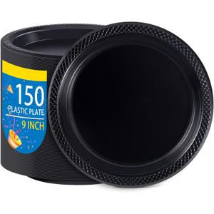 WELLIFE Black Plastic Plates 9 Inch -150 Count for Party, Plastic Disposable Dinner Plates for Easter Picnic BBQ (9Inch150 Guests)