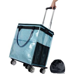 Reusable Grocery Bags on Wheels, Rolling Tote Bag, Portable Shopping Cart for Groceries with Wheels and Drawstring Bag, Trolley, 54L, Foldable, Starry Blue