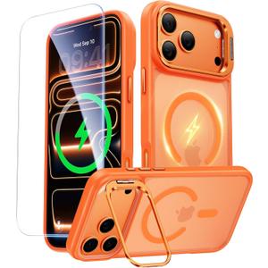 for iPhone 17 Pro Case with Stash Lens Stand and 9H Screen Protector, Compatible with MagSafe, Military-Grade Drop Protection Phone Case for iPhone 17 Pro, 360° Full Protection, Cosmic Orange
