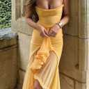 NRTHYE Women Elegant Irregular Ruffles Hem Maxi Dress Mesh Ruched Sleeveless Backless Pleated Long Party Club Dresses (Yellow) Large