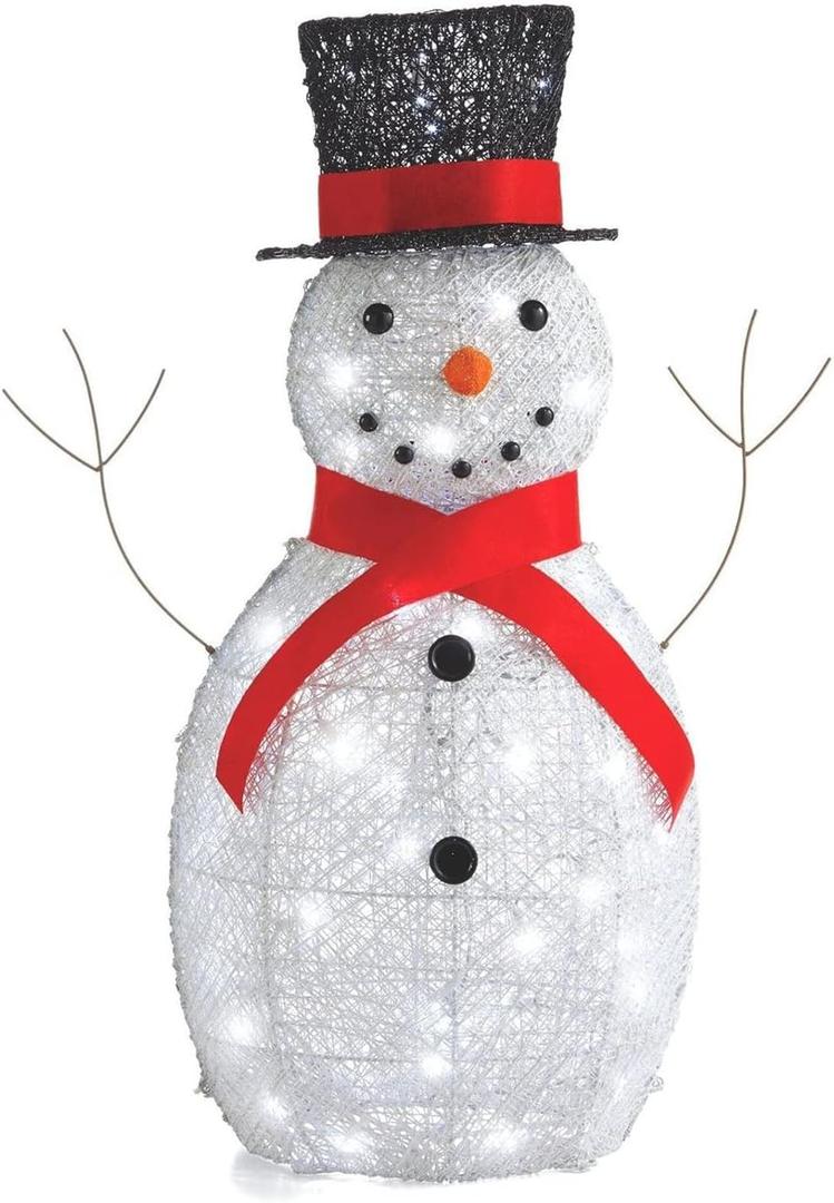Pre-Lit Metal Snowman with Top Hat Christmas Decoration with Bright LED Lights, Outdoor Holiday Lawn Decoration, White with Red Scarf