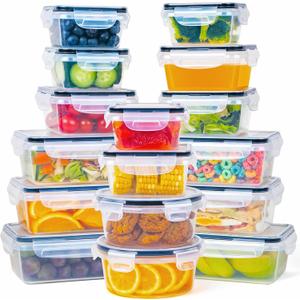 32 Piece Food Storage Container with Lids (16 Containers + 16 Lids) - Plastic Food Containers with Lid, Airtight Leak Proof Snap Lock, BPA Free Storage Containers (Transparent - 32 Pcs)