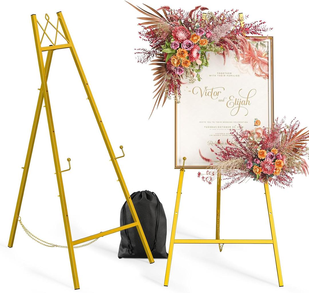 Snughome 45.7" Gold Easel Stand for Sign, Heavy Duty Metal Display Easel with Drawstring Bag, 4-Tier Adjustable Height Art Easel for Wedding Signs, Painting, Posters & Mirrors