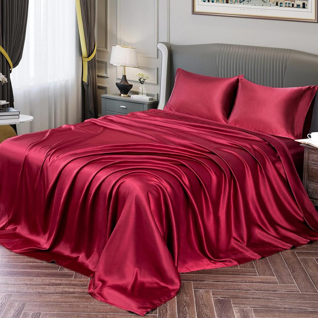 Vonty Satin Sheets Twin Silky Soft Satin Bed Sheets Burgundy Sheet Set, 1 Deep Pocket Fitted Sheet + 1 Flat Sheet + 1 Pillowcases
