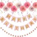 Rose Gold Birthday Decorations Kit - 20-Pc Set with Pre-Strung Happy Birthday Banner, Tissue Paper, Garland & Swirls | Rose Gold Party Supplies for Women Girls Baby Shower