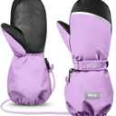 MCTi Kids Mittens Waterproof Winter Ski Warm Sherpa Lined Long Cuff with String (Small, Grayish Purple)
