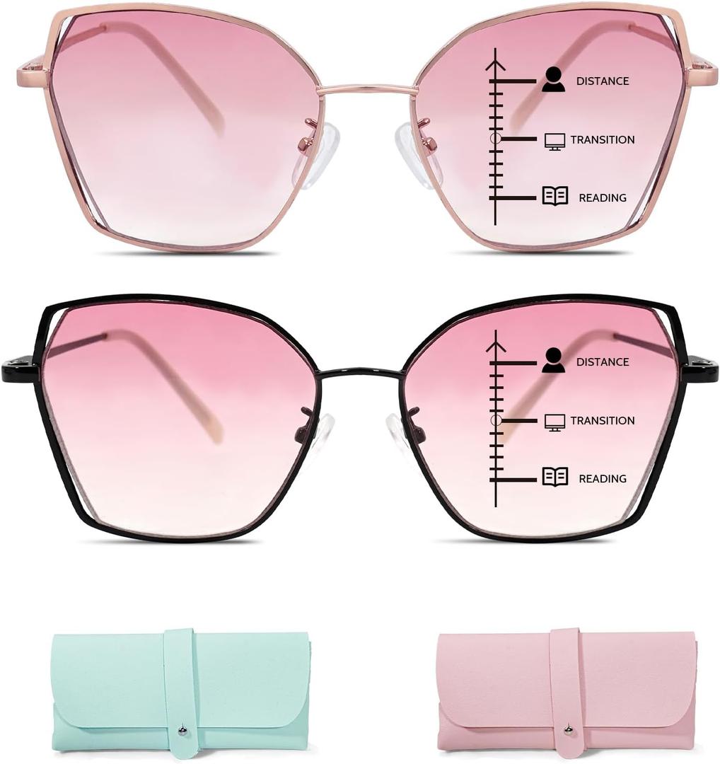 2 Pack Tinted Multifocal Reading Blue Light Blocking Glasses Progressive Bifocal Uv400 Protection Sunglasses Women (Cranberry)