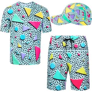 Handepo Retro 80s 90s Outfits for Men's 2 Pcs Tracksuit Hippie Shirt and Short Set with Hat for Neon Disco Party Costume (XX-Large, Elegant Color)