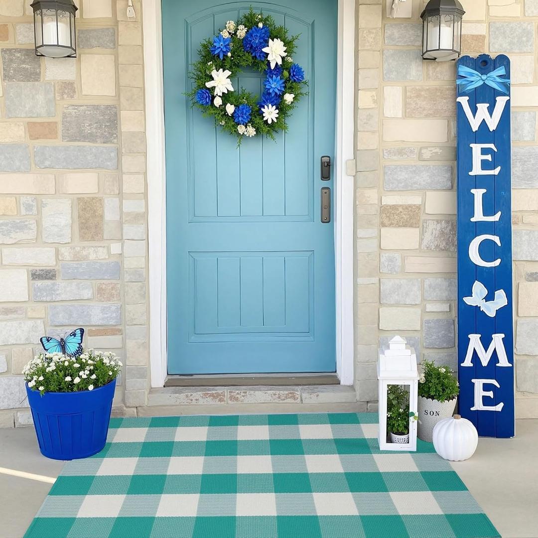 Buffalo Plaid Outdoor Rug 27.5" x 43" Teal Green and White Checkered Area Rug Washable Doormats Indoor Outdoor Rugs for Layered Front Door Mats, Porch, Entryway, Kitchen, Farmhouse