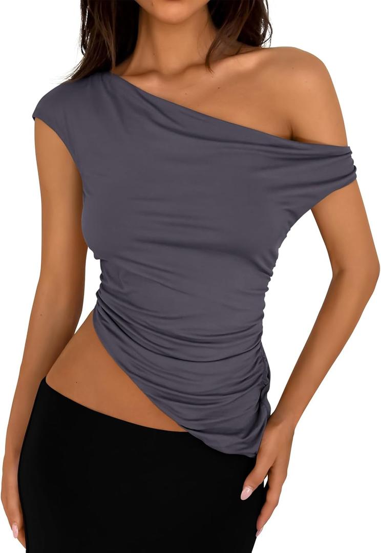 PRETTYGARDEN Womens 2026 Summer Off The Shoulder Crop Tops Sleeveless One Shoulder Ruched Asymmetrical Y2K Going Out Tank Top (S)