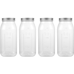 64 Ounce Clear Plastic Mason Jars With Screw On Lid, Reusable Empty Jars for Food Storage, BPA Free Containers for Sealing, Dry Food, Snacks, Candies, Breakage-proof, (Silver - 4 Pack)