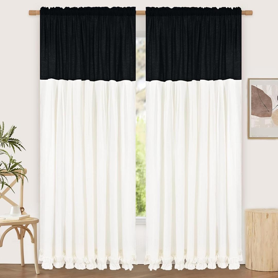 Likiyol Linen Curtains for Living Room 84 Inch Length Farmhouse Ruffle Curtains for Bedroom Light Filtering Window Curtain Rustic Country Drapes Rod Pocket Window Treatments, Black White, 2 Panels