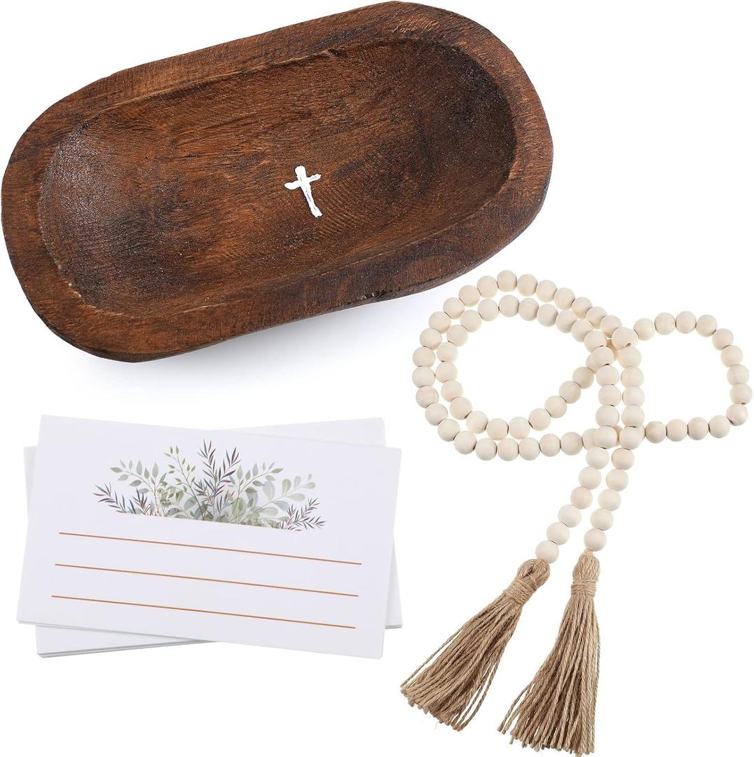 Kathfly Prayer Dough Bowl Wood Decorative Bowl with Cross and Cards Christian Gifts 58 Inch Wooden Rustic Prayer Bread Religious Spiritual Gifts for Blessing Farmhouse Entryway