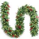 Christmas Garland, 9ft Pre-Lit Christmas Garland with Lights, Battery Operated with Pine Cones & Red Berries, Artificial Christmas Greenery for Mantle, Staircase, Doorway, Indoor Outdoor Decorations