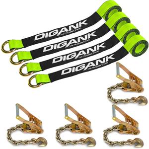 Heavy Duty Car Tie Down Straps (4PK) - 2" x 96" - 3,300 lbs Safe Working Load - Wheel Straps Comes with 5/16" Tow Hooks (Green)