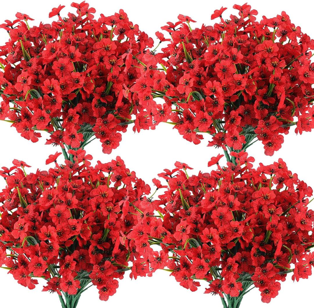 Hananona 28 Bundles Artificial Flowers Outdoor Red Fake Flowers UV Resistant No Fade Faux Outdoor Plants Garden Porch Window Box Decorating (28, Red)