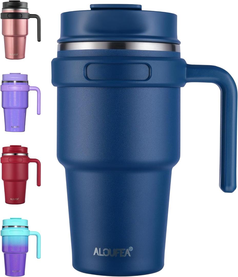 ALOUFEA 20 oz Insulated Coffee Mug Tumbler with Handle, Stainless Steel Travel Mug Tumbler with Lid and Straw,Double Wall Vacuum Leak Proof Ice Coffee Thermal Cup, Navy