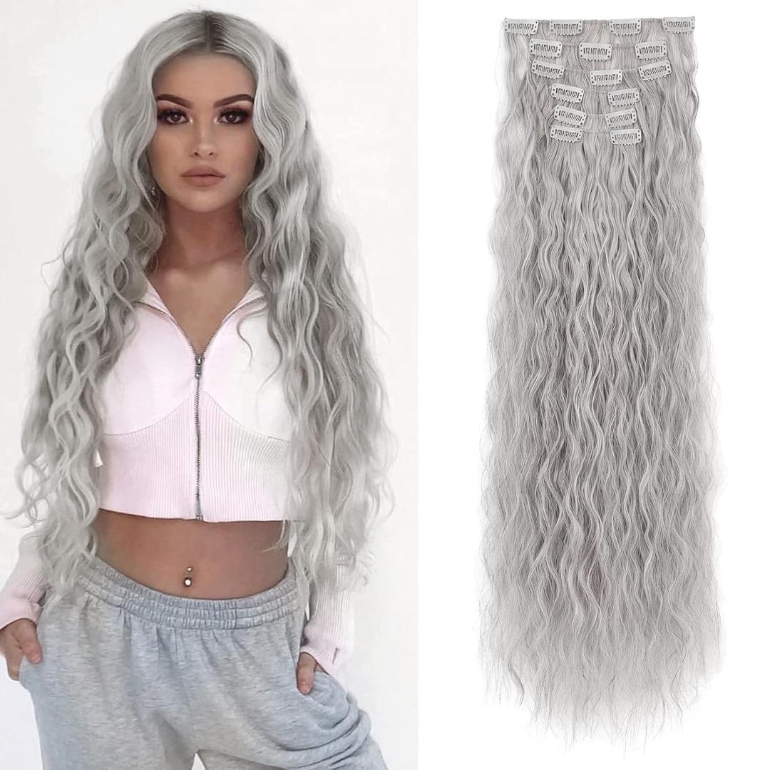 Flufymooz Clip In Hair Extensions,6PCS Hair Extensions Long Mermaid Waves Wavy Synthetic Clip On Hairpiece For Women 24 Inch (Grey/Silver/White Mixed)
