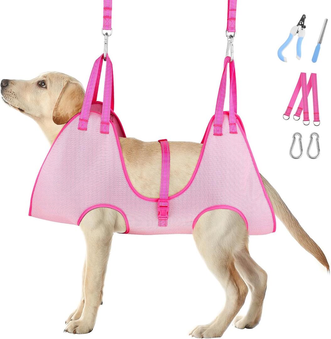 Dog Grooming Hammock - Breathable Pet Grooming Hammock for Small Dogs& Cats, Adjustable Dog Sling Harness with Nail Clippers& Nail File (Pink, X-Small)