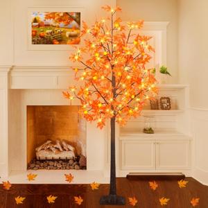 Maple Tree, 126 LED Prelit Fall Decor Maple Tree 14 Pumpkin & 14 Acorn Lights Remote Plug in Indoor Outdoor Autumn Harvest Thanksgiving Fall Decorations