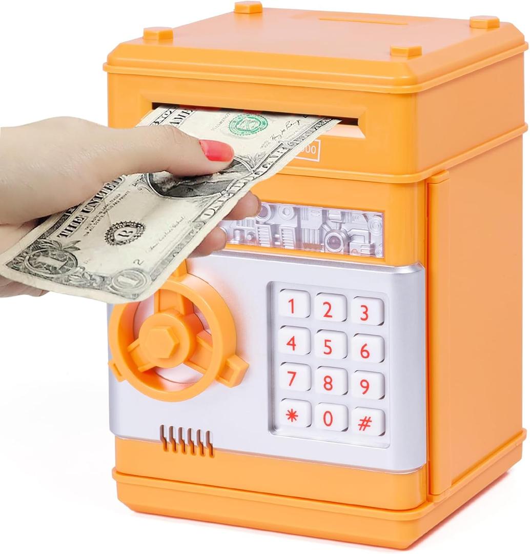 Refasy Piggy Bank Cash Coin Can ATM Bank Electronic Coin Money Bank for Kids Age 3-12, Money Savings Box Mini ATM Coin Bank Toys Gifts for 3 4 5 6 7 8 9 10 11 12 Year Old Boys Girls (Orange)