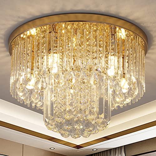 KRASTY Gold Crystal Chandelier Flush Mount Ceiling Light, 5 Lights Modern Round, K9 Crystal Raindrop Chandelier Light Fixtures for Hallway Bedroom, Living Room, Dining Room, H12 x D18 - Amazon.com
