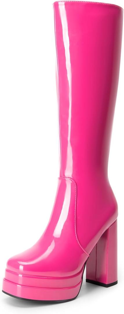 DREAM PAIRS Women's Platform Heeled Knee High Boots, Long Chunky Tall Gogo Boots for Fall (8.5, Hot Pink-Pat)