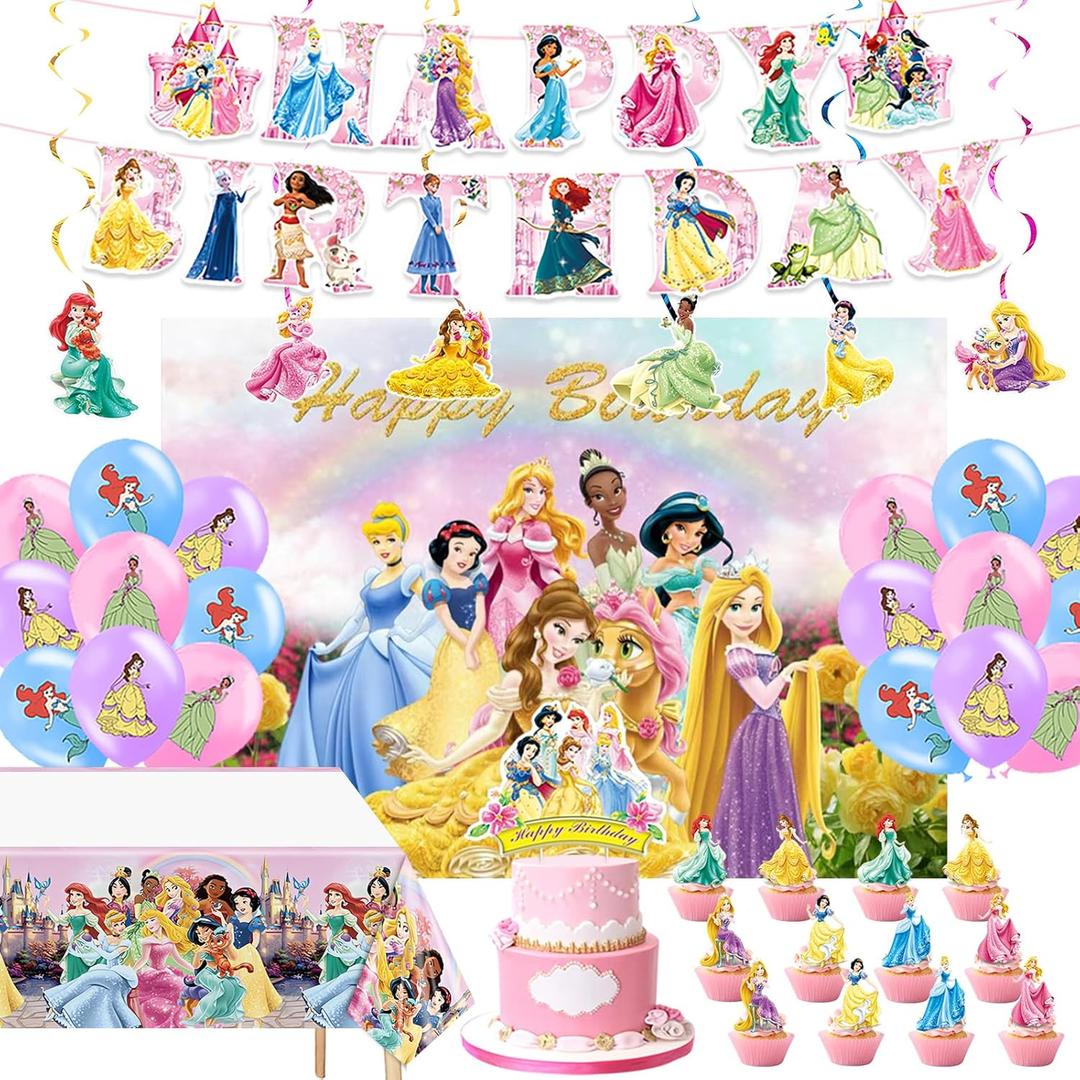 Princess Birthday Party Supplies, Princess Party Decorations with Photo Backdrop and 2 PCS Tablecloth
