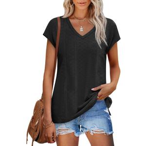 XIEERDUO Womens Tops V Neck Cap Sleeve Loose Fit Tee Shirts Summer Spring 2025 Eyelet/Printed XIEERDUO Womens Tops V Neck Cap Sleeve Loose Fit Tee Shirts Summer Spring 2025 Eyelet/Printed