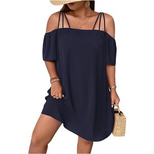SOLY HUX Women's Plus Size Dresses Off Shoulder Short Sleeve Short Dresses Causal Loose Tunic Summer Dress Plain Dark Blue 1XL