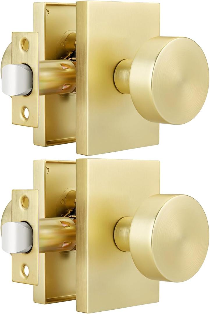 Goldenwarm Gold Closet Door Knob, Heavy Duty Brushed Gold Passage Door Knobs for for Hallway, Closet, Round Interior Door Knob, Zinc-Alloy Rectangle Rosette Indoor Doorknob (2 Pack)