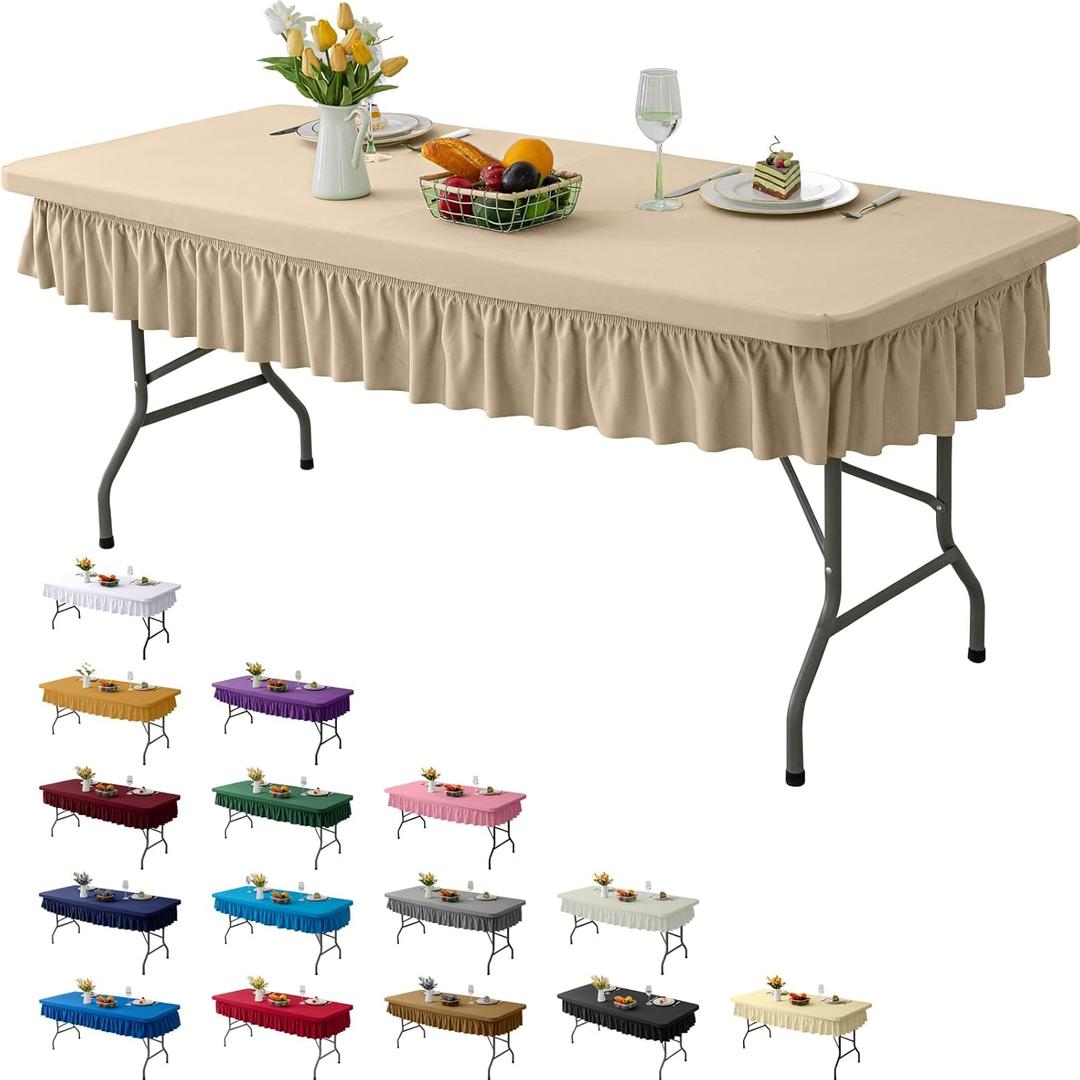 8ft Khaki Stretch Tablecloth for Rectangular Tables - Flared Wrap Design, Waterproof, Wrinkle-Resistant, Washable - Ideal for Weddings, Parties, Banquets & Table Protection (96" x 30" (Rectangular))