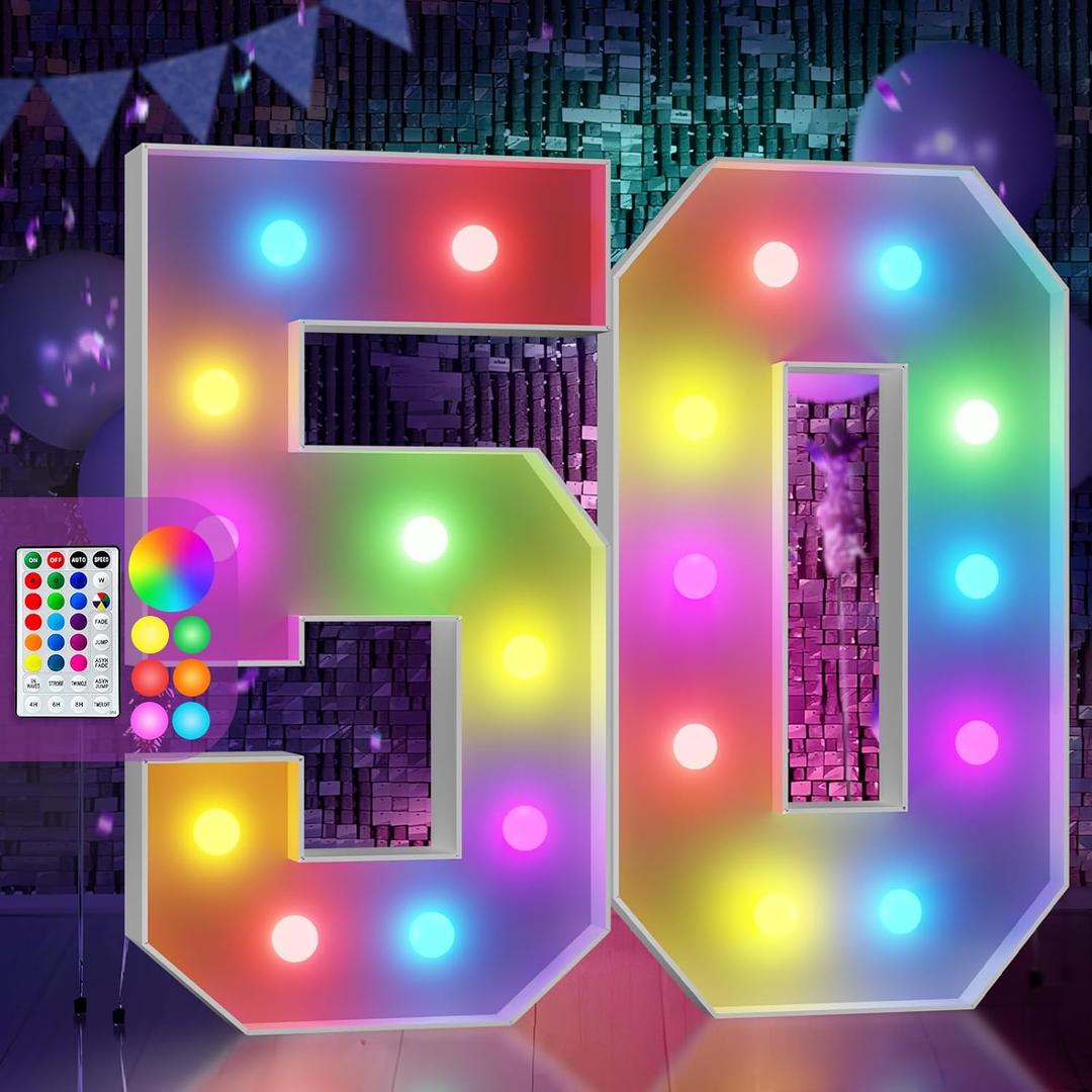 Marquee Numbers Colorful 50th Birthday Decoration: 4FT Large Light Up 50 Year Old Birthday Decorations Anniversary Backdrop Cardboard Sign 18 Colors Number 50 Mosaic Balloon Frame