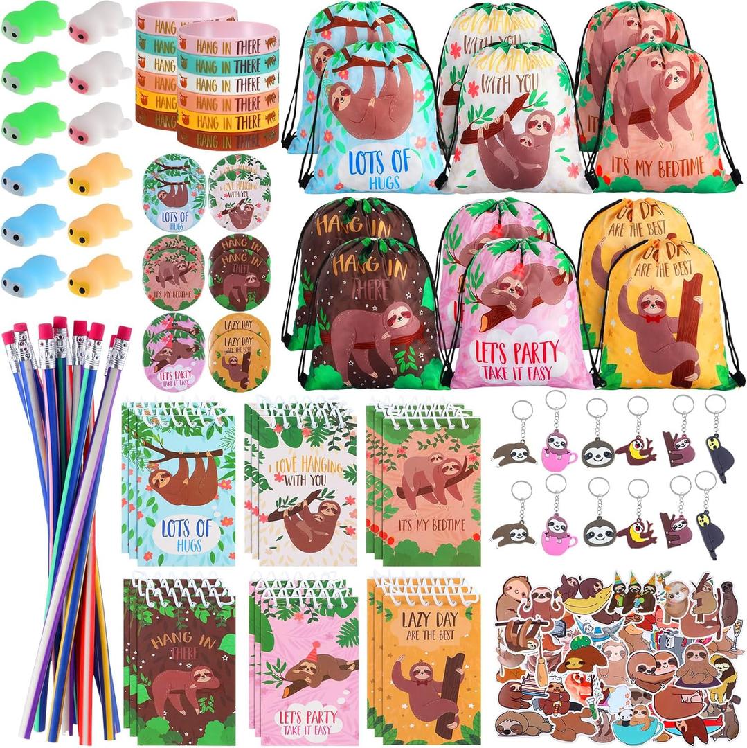 Sweetude 140 Pcs Sloth Party Favors Set Include Squeeze Sloth Spiral Notebook Flexible Pencils Keychains Stickers Rubber Bracelets Drawstring Bags for Sloth Theme Party Supplies Baby Shower