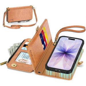 TUCCH Removable Crossbody Case Wallet for iPhone 17 (6.3-inch) 2025, Wireless Charging, RFID Blocking 9 Card Slots, Lanyard, Wrist Strap, Zipper Pocket, PU Leather, Stand Magnetic Cover, Light Brown