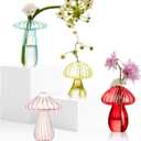 4PCS Cute Mushroom Glass Flower Vase, Colorful Bud Vases for Home Decor, Small Propagation Vases for Plants, Mushroom Planter Decorations for Office Shelf Room Aesthetic (Transparent Blue, Yellow, Red, Pink)