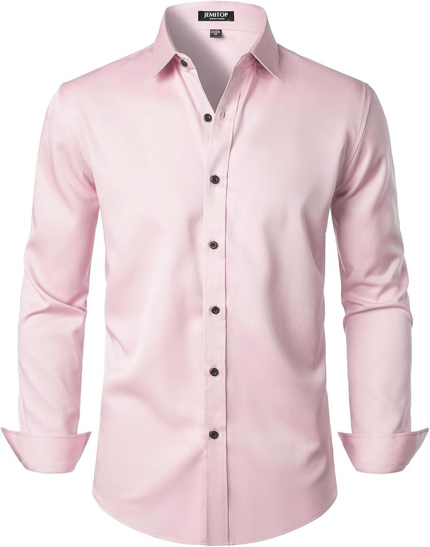 JEMITOP Men's Stretch Wrinkle Free Dress Shirt Formal Prom Wedding Long Sleeve Button Down Shirts (Pink, XL)