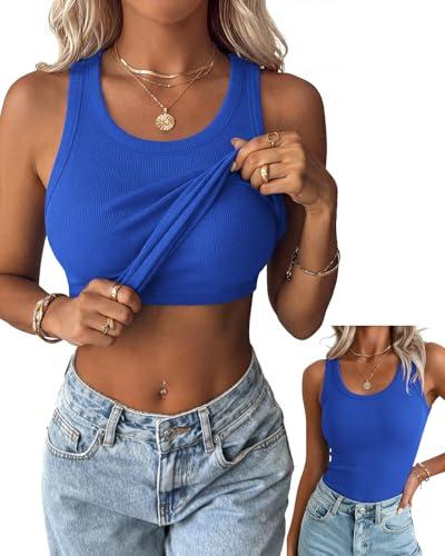 Zeagoo Sleeveless Ribbed Built in Bra Tops for Women Trendy Summer Royal Blue Fitted Racerback Padded Tank Top.L