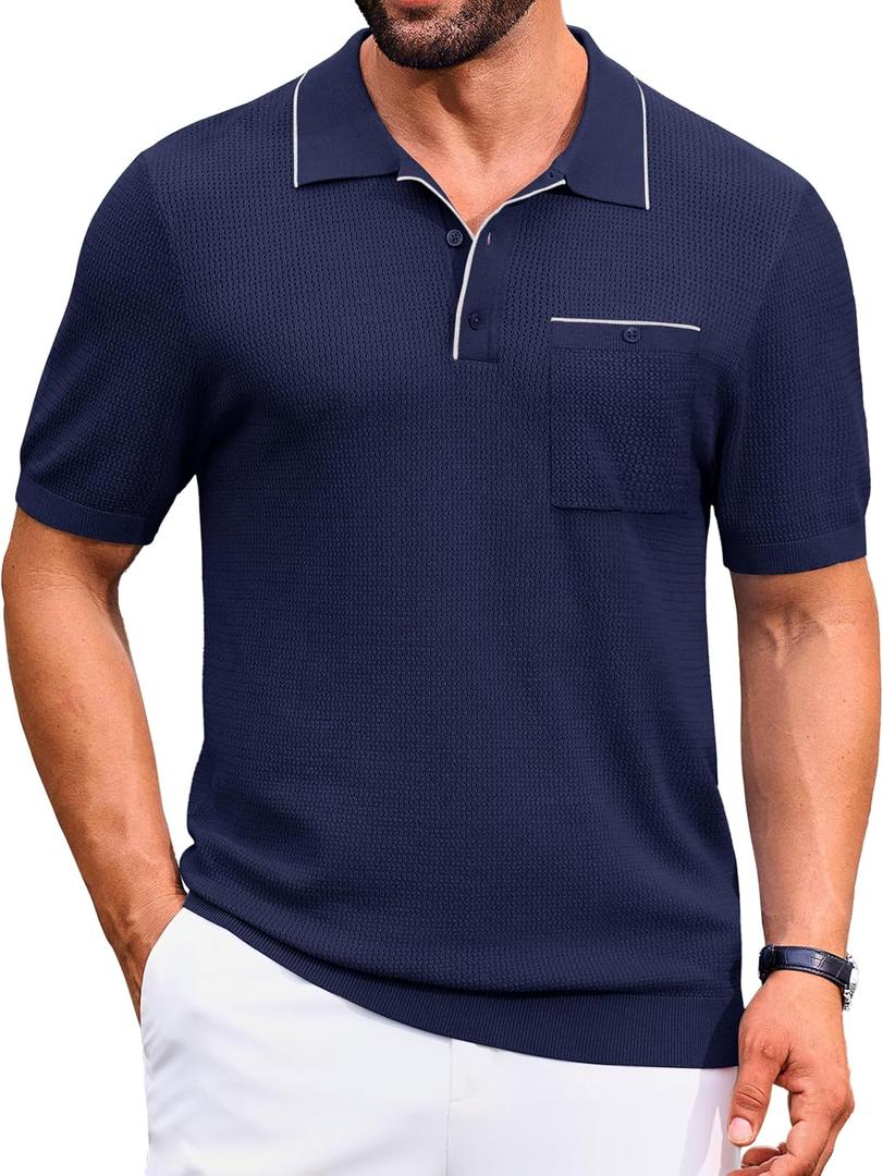 Cotrasen Mens Casual Knitted Polo Shirts Short Sleeve Collared Knit T Shirts Summer Golf Shirts with Pocket (XX-Large, Navy)