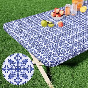 misaya Rectangle Vinyl Table Cloth, Elastic Fitted Flannel Backed Tablecloth, 100% Waterproof Plastic Table Cover Fits Folding Tables for Picnic, Camping, Outdoor (Blue, 36" x 60")