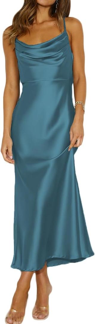 Summer Satin Spaghetti Strap Cowl Neck Backless Midi Dresses for Women Elegant Tie Low Back Ruched Cocktail Dress (Blue, M)