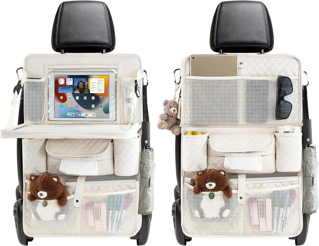 Car Backseat Organizers 2 Pack with Foldable Trays - PU Leather Back Seat Organizers with 11 Storage Pockets, Tablet Holders, Seat Back Protectors for Kids Family Travel Accessories (Beige)