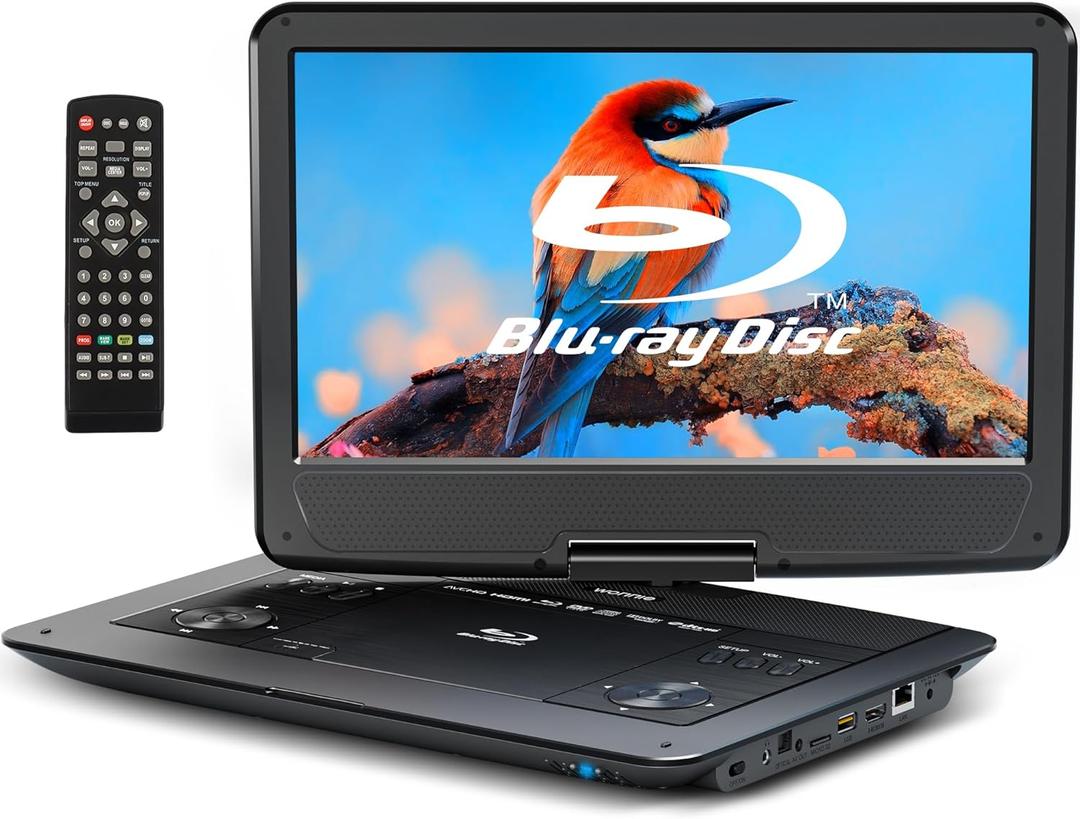 WONNIE 16.9" Portable Blu Ray Player with 14.1" 1080P Full HD Large Swivel Screen, Blu-ray DVD Player with HDMI Out & AV Out, 4-5 Hours Rechargeable Battery, Support USB/Micro SD Card