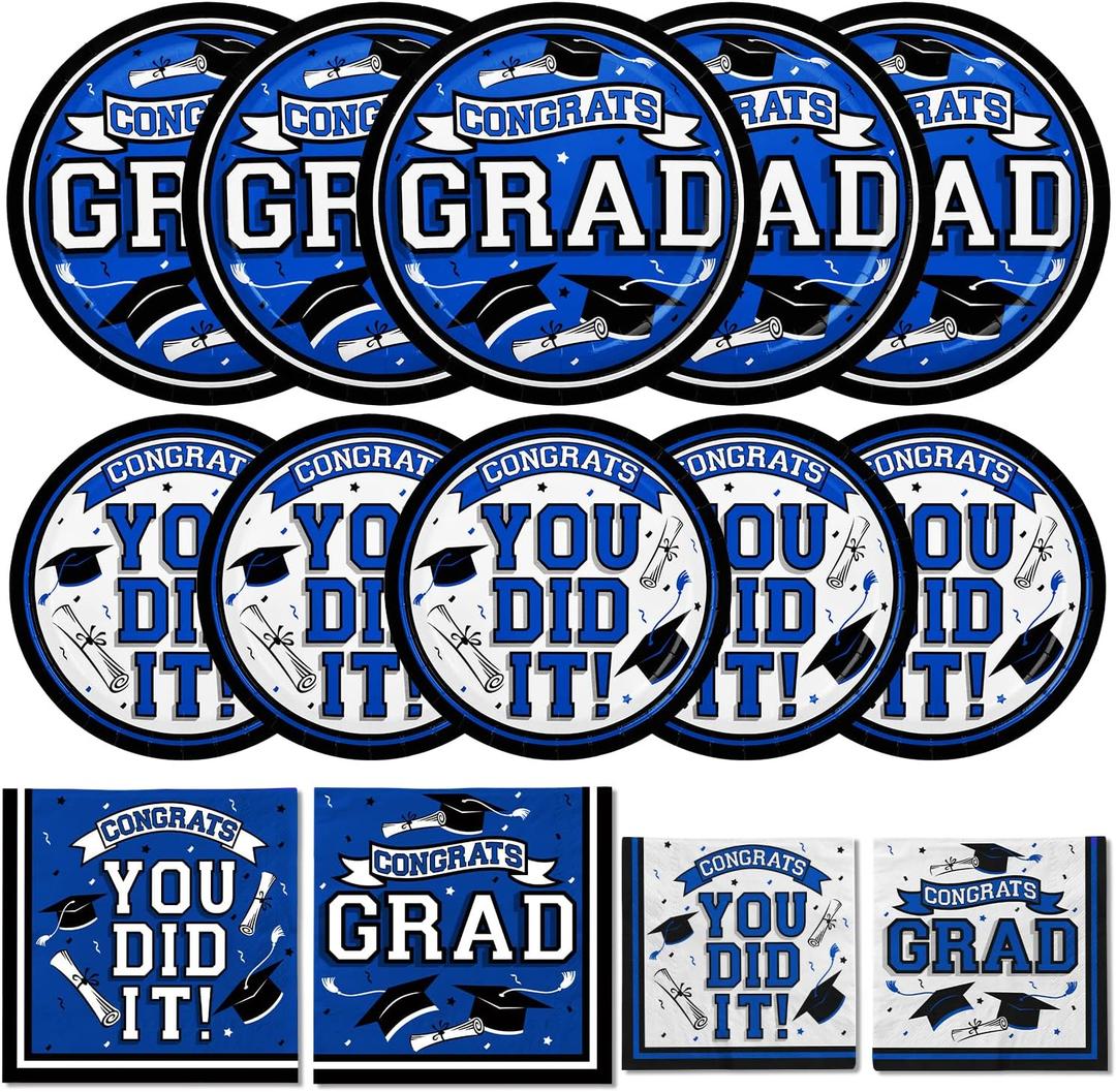 Graduation Party Supplies Dinnerware Set blue Disposable dinner paper plates dessert paper plates and Napkins for Congrats Grad Party Decorations, Serve 50