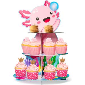 ANGOLIO 3 Tiers Axolotl Cupcake Stand Pink Cute Axolotl Birthday Party Cardboard Cupcake Holder Decorations Cartoon Animal Party Dessert Tower Pink Birthday Supplies for Kids