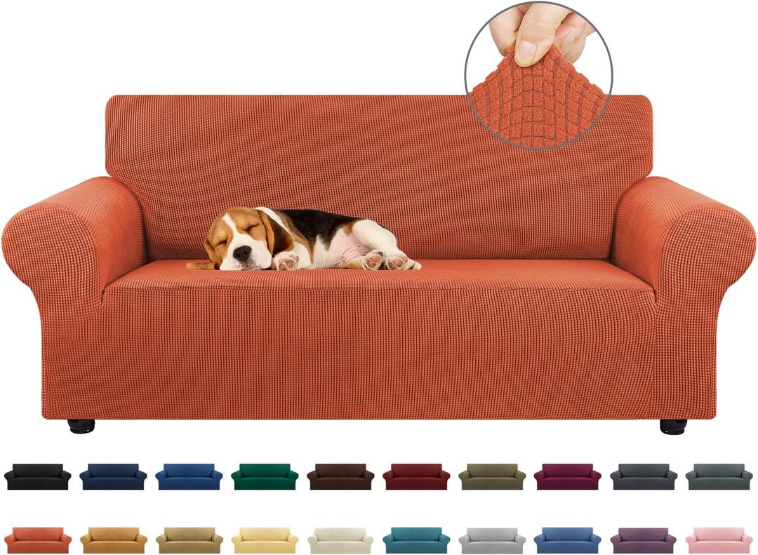 KEKUOU Stretch Loveseat Sofa Cover Slipcover,Couch Covers for 2 Cushion Couch Sofa (55"-78") Furniture Protector Sofa with Elastic Bottom for Kid,Dog. Jacquard Small Checked (Medium,Pureed Pumpkin)