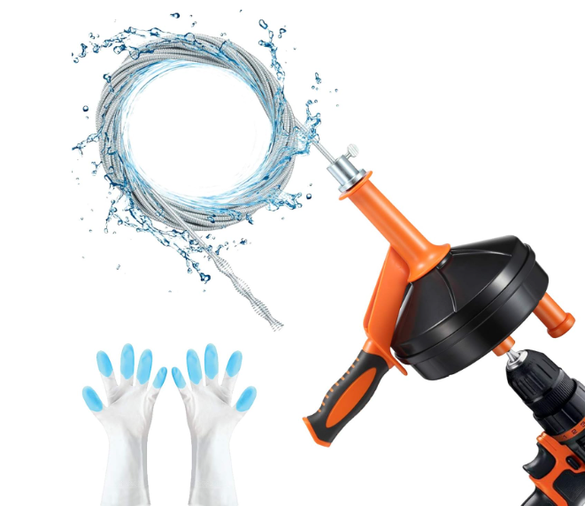 Drain Auger, Clog Remover with Drill Adapter, 25 Feet Flexible Plumbing Snake Use Manually or Powered for Kitchen, Bathroom and Shower Sink, Comes with Gloves (orange)