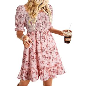 Dokotoo Womens Casual Summer Dresses Short Sleeve Square Neck Smocked Boho Floral Sundress Flowy A-Line Mini Dress (Medium, Pink)